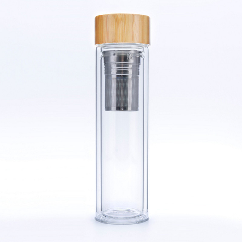 Стеклянная бутылка для воды на 450 мл с бамбуковой крышкой