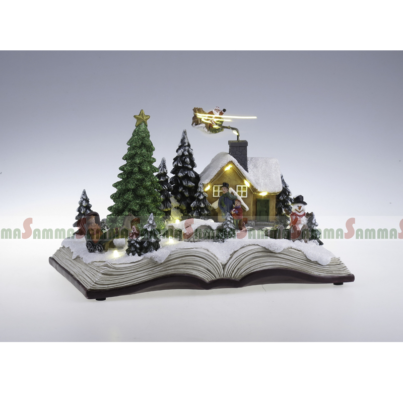 Открытая книга Xmas Scene, поворота дерева и сани Санта, светодиодная освещенная